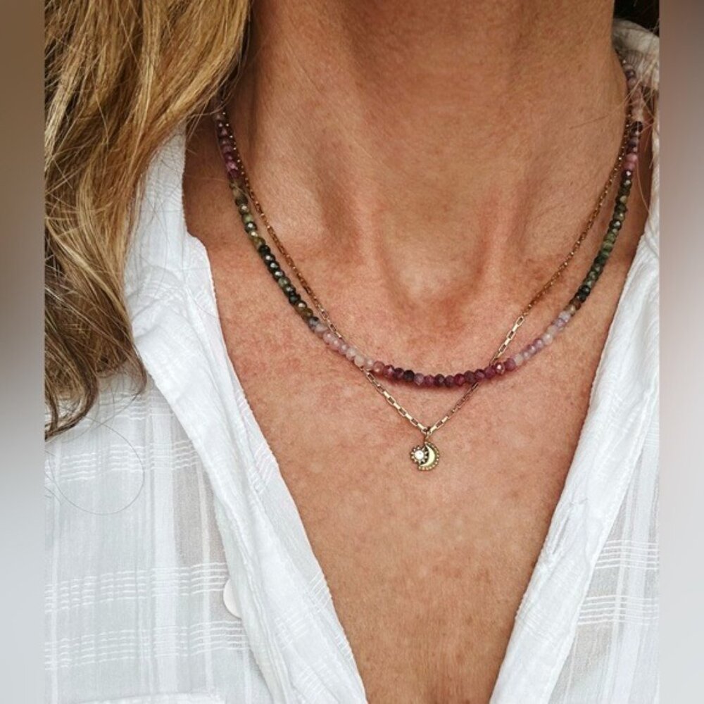 Watermelon Tourmaline Beaded Necklace Pink Green Ombre Gemstone Healing Jewelry - Picture 13 of 16
